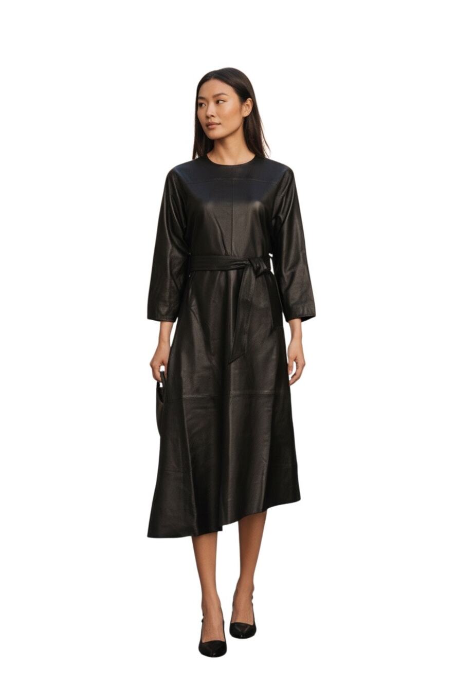 Le' AL.X Leather Dolman 3/4 Sleeve A-Line Asymmetrical Flounce Black Dress Sz S